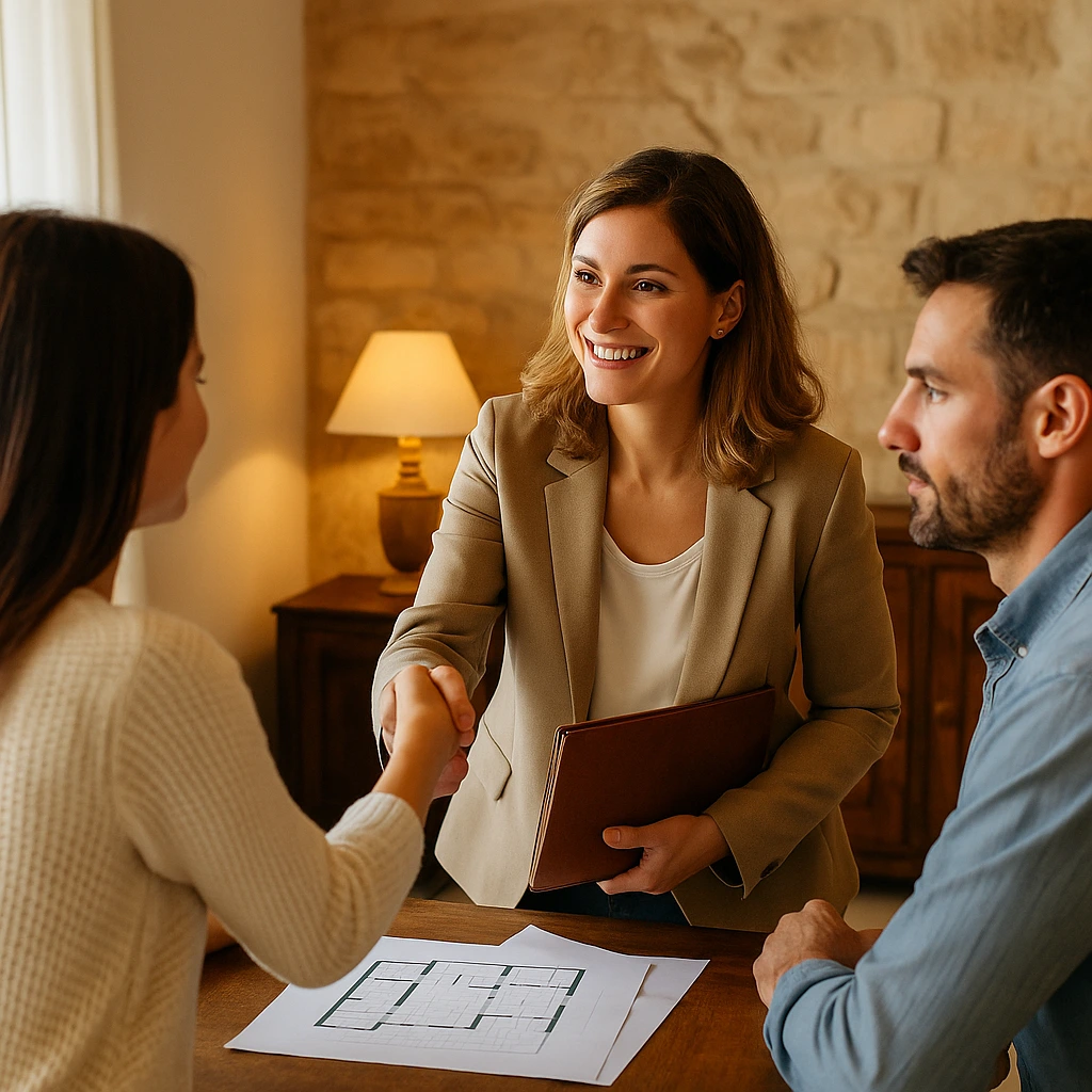 Couple en visite d’une maison méditerranéenne en Sicile avec une agente immobilière, illustrant l’accompagnement personnalisé de CET Invest pour les acquéreurs.